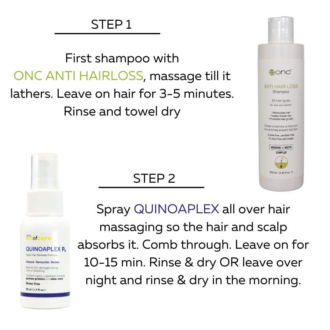 ONC ANTI HAIR LOSS Shampoo + QUINOAPLEX R3 Rapid Hair Renewal bundled products instructions