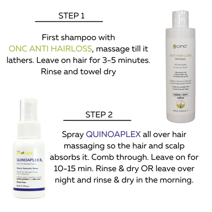 ONC ANTI HAIR LOSS Shampoo + QUINOAPLEX R3 Rapid Hair Renewal bundled products instructions