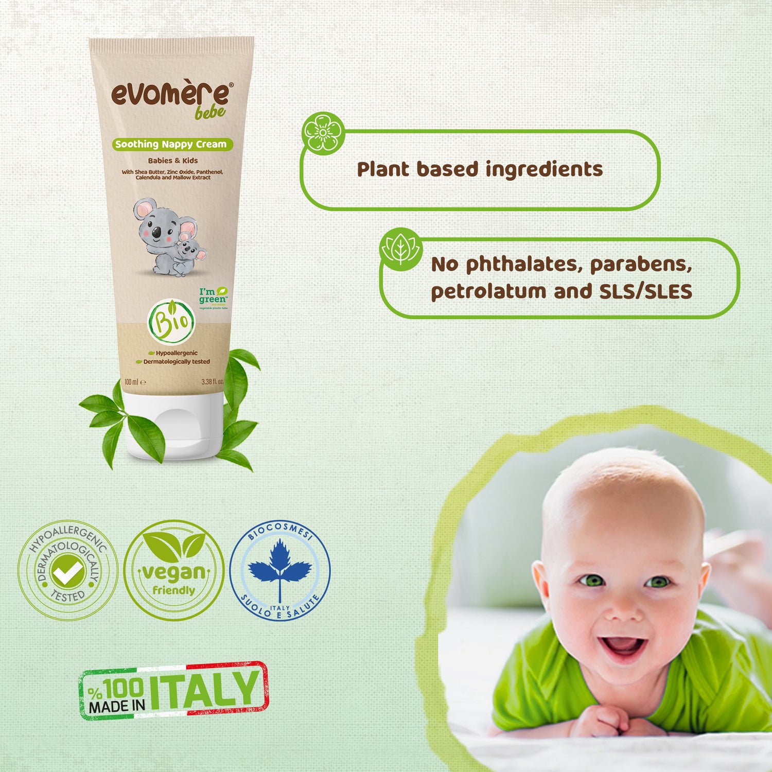 Evomere bebe Organic Soothing Nappy Cream for Newborns, Babies and Kids, Hypoallergenic, Cruelty-free and Vegan 100 mL / 3.38 fl. oz.